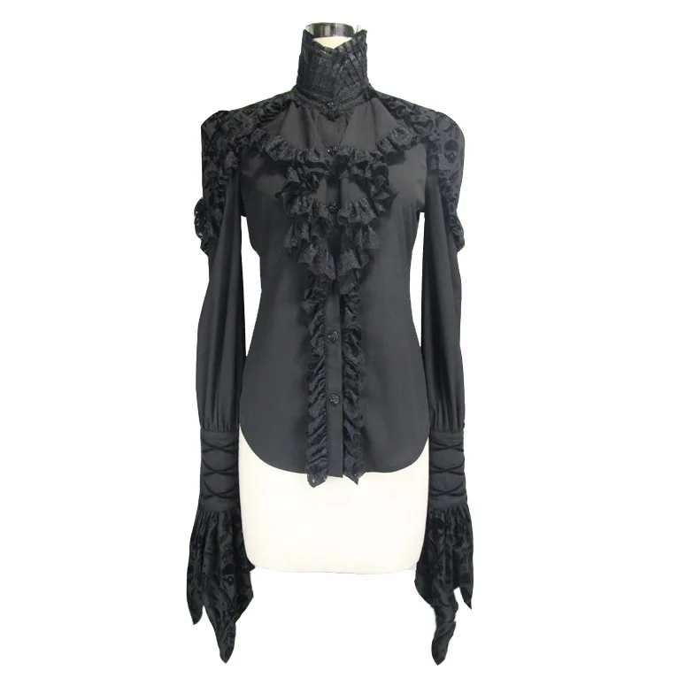 SHT011 Devil fashion shrunk high collar sharp cuff gothic women skull pattern printing chiffon blouse