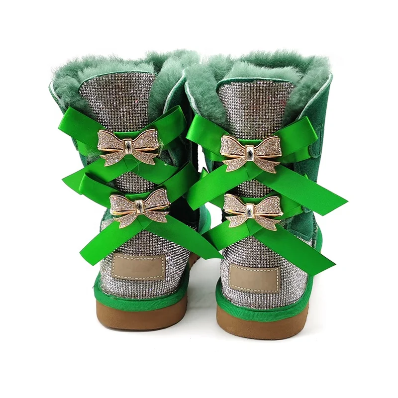 Wholesale fashion rhinestones bling bling winter fur snow boots women with 2 bows