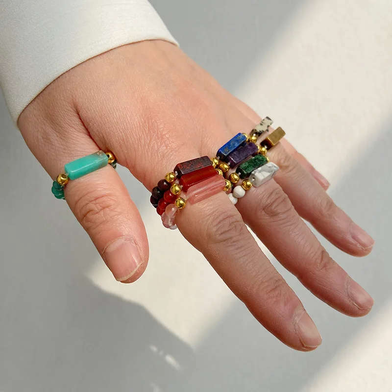 Bohemian Handmade Natural Stone Ring Multi Color cheap Stretch Rope bulk Gemstone Rings Carnelian elastic Beaded Ring For Women