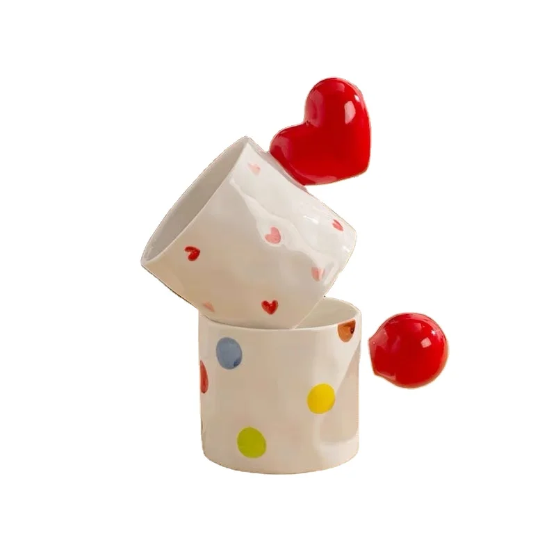 Hand painted Valentine Day Gift creative red heart handle ceramic couple mug coffee cup breakfast milk cup