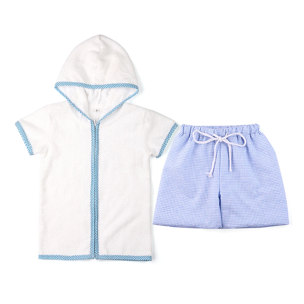 children swimwear 320g towel fabric short sleeved beach jacket with hood 	boy kids swimwear