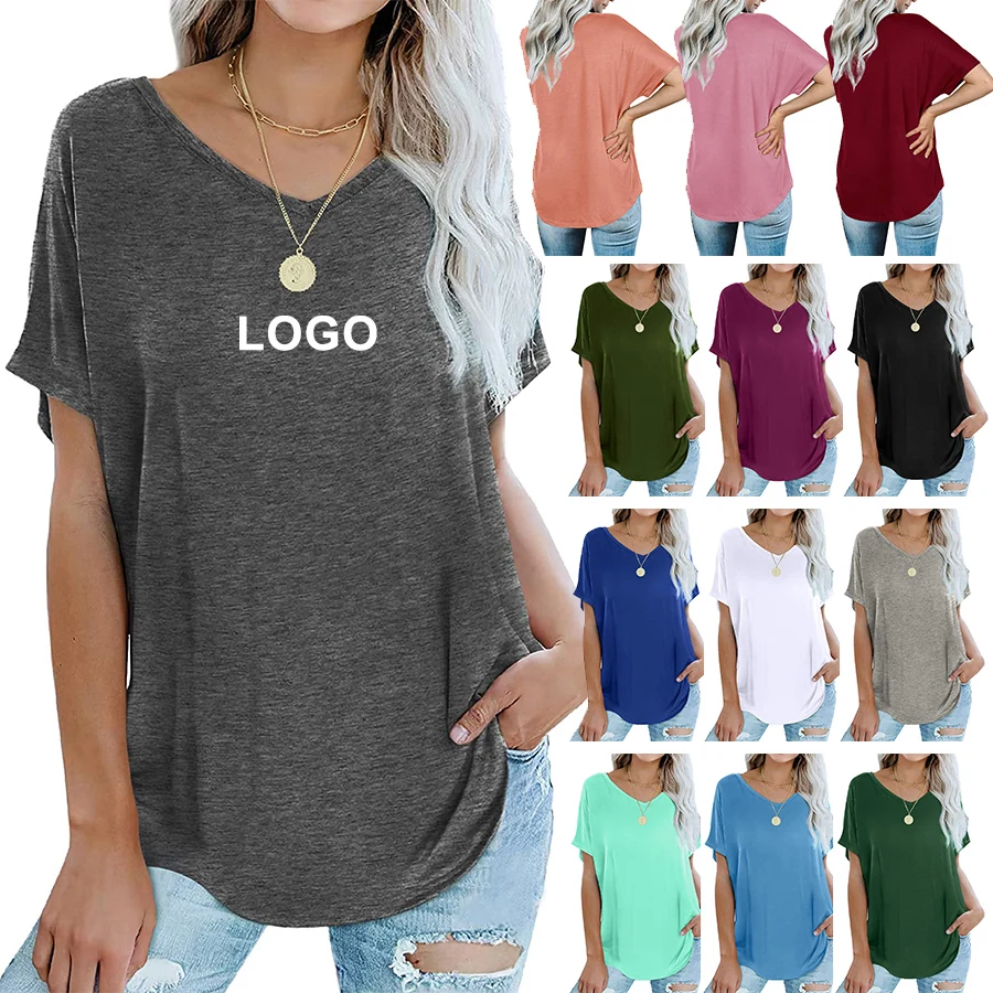 Summer 2022 Hot sales solid print color V neck Bat Sleeve Top tee tshirt shirts for women