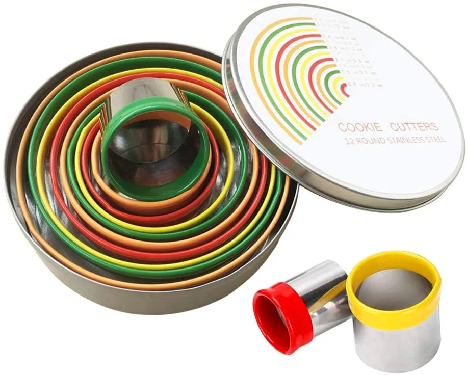 12 pcs  Round Cookie Biscuit Cutter Set with silicone edge stainless steel