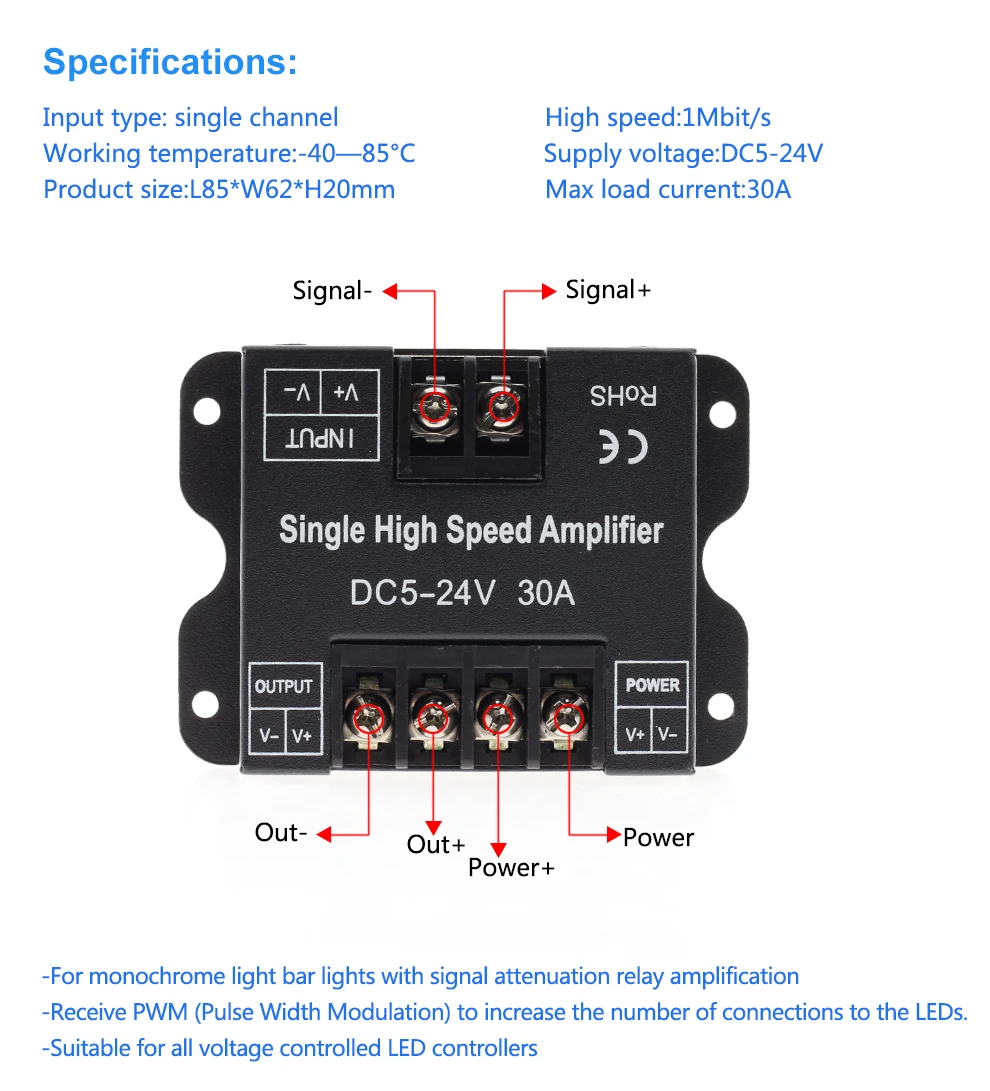 1 Channel Signal Amplifier Controller for CCT RGB RGBW Cob Smd Led Strip Long Distance LED Projects DC5V DC12V DC24V Max 30A