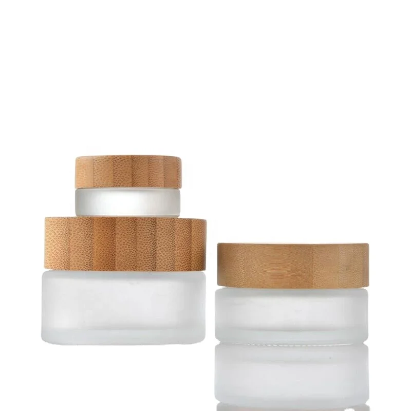 Bamboo Cosmetic Container 5ml 20ml 30ml 50ml 100ml Frosted Clear Glass Cream Jar with Wooden Bamboo Lid