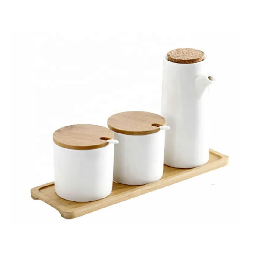 Olive Oil Bottle Dispenser with Spout Spice Container with Bamboo Lids Ceramic Spice Condiment Jars