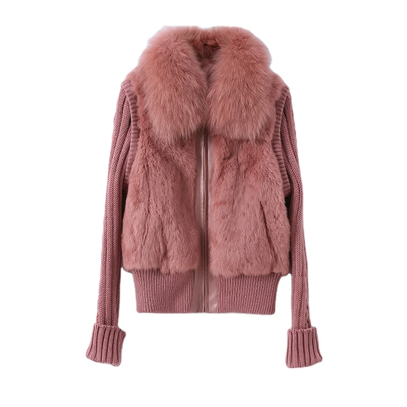 Pudi Women Real Rabbit Fur Jacket Coat Female Winter Fox Collar Sweater Parka Vest Jackets CT138
