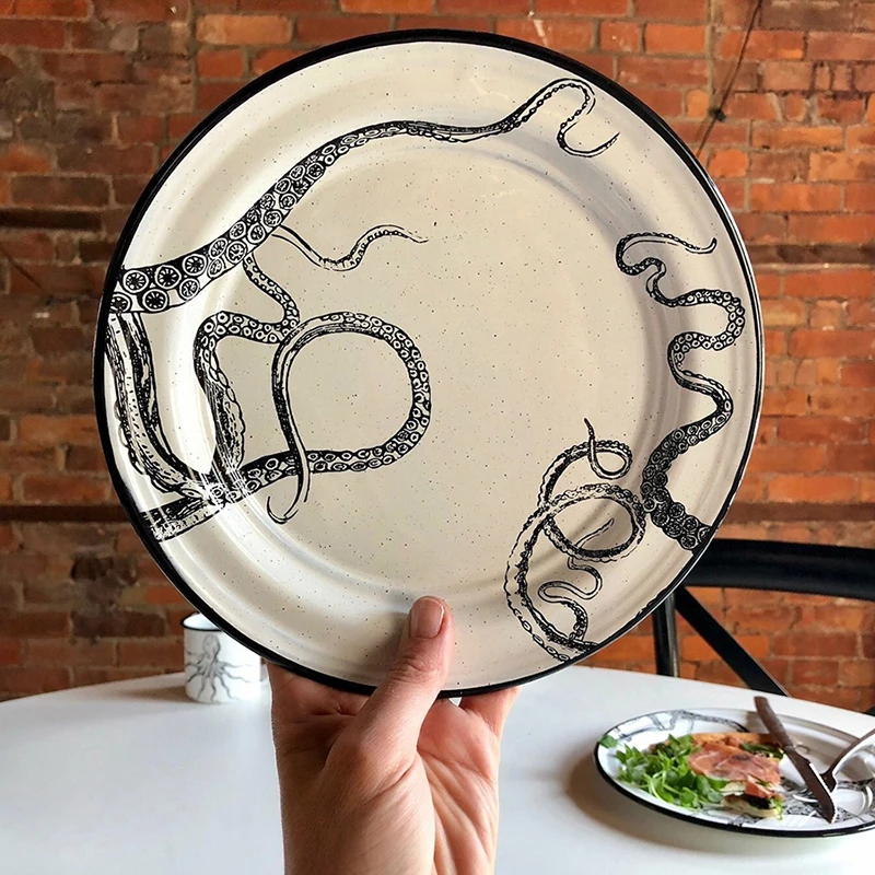 Customize printed portable china porcelain ceramic enamel metal steel round tea plate