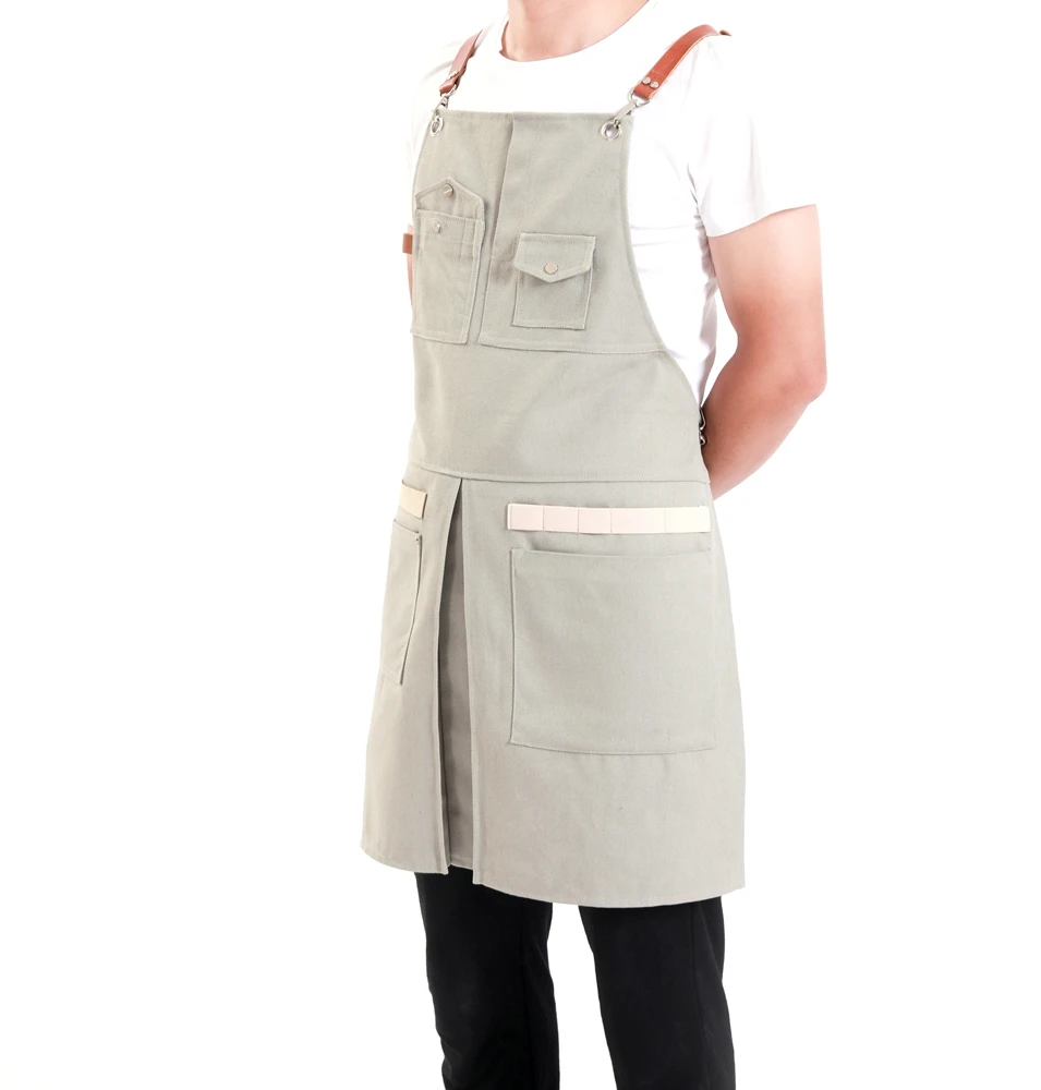 
Durable Twill Cross Back Barber Gray Apron Split Leg Adjustable Bartender Aprons 