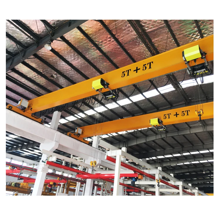Hot sale 5ton + 5 ton single girder beam overhead bridge crane with double electric hoist and smart Anti-sway device in workshop