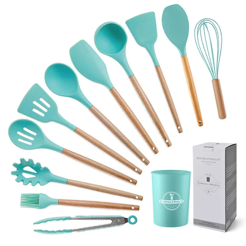 12pcs reusable non-stick cookware supplies accessories cooking tools silicone kitchen utensil set With Wooden handle