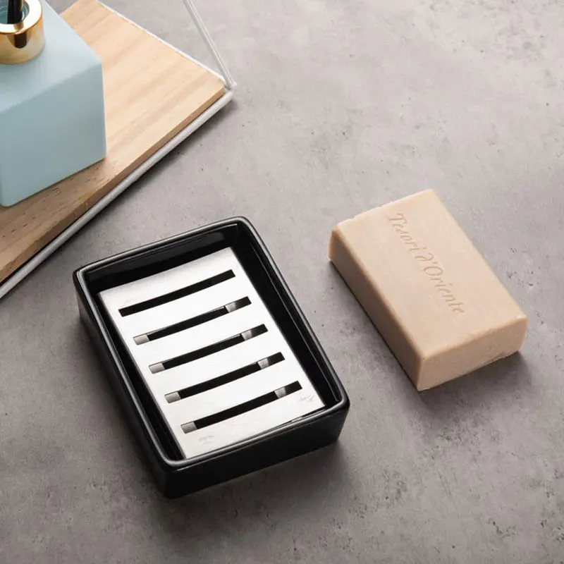 Black Ceramic Soap Dish Stainless Steel Soap Holder for Bathroom and Shower Double Layer Draining Soap Box
