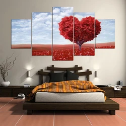 5 Panels Red Loving Heart Tree Wall Art Posters For Modern Home Decor HD Canvas Painting Living Room Modular Pictures