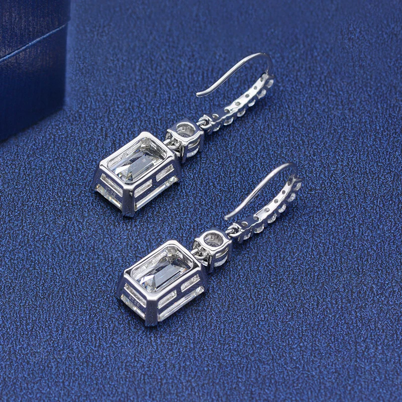 Women Fine Jewelry 8x11mm 4.0ct 10mm Zircon Cubic S925 Sterling Silver Classic Emerald Cut Created Diamond Drop Hook Earrings