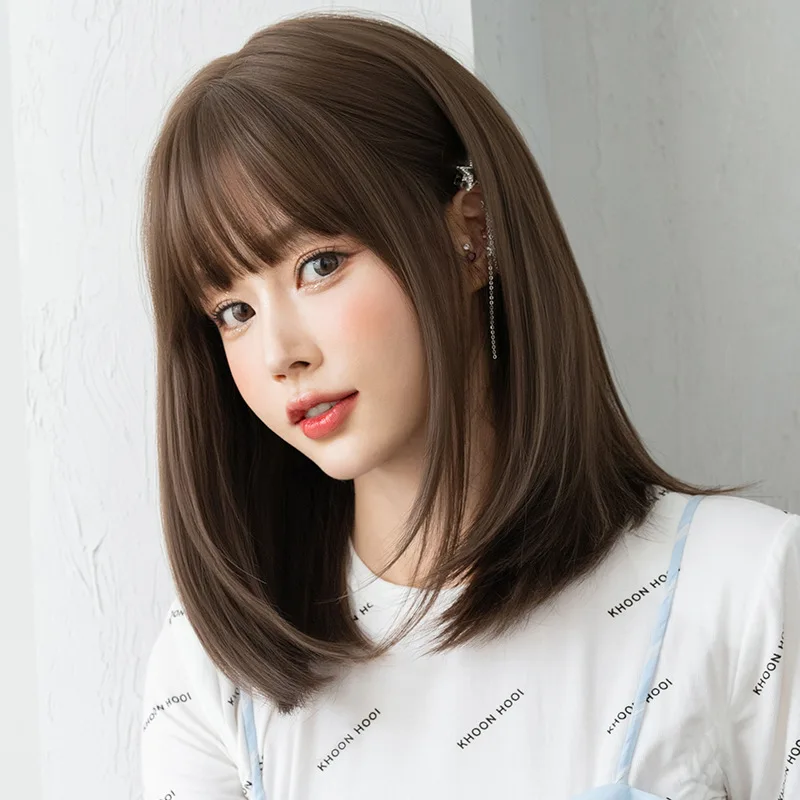 Ainizi Korean style 40cm short bob cold brown synthetic hair wigs with bangs for women