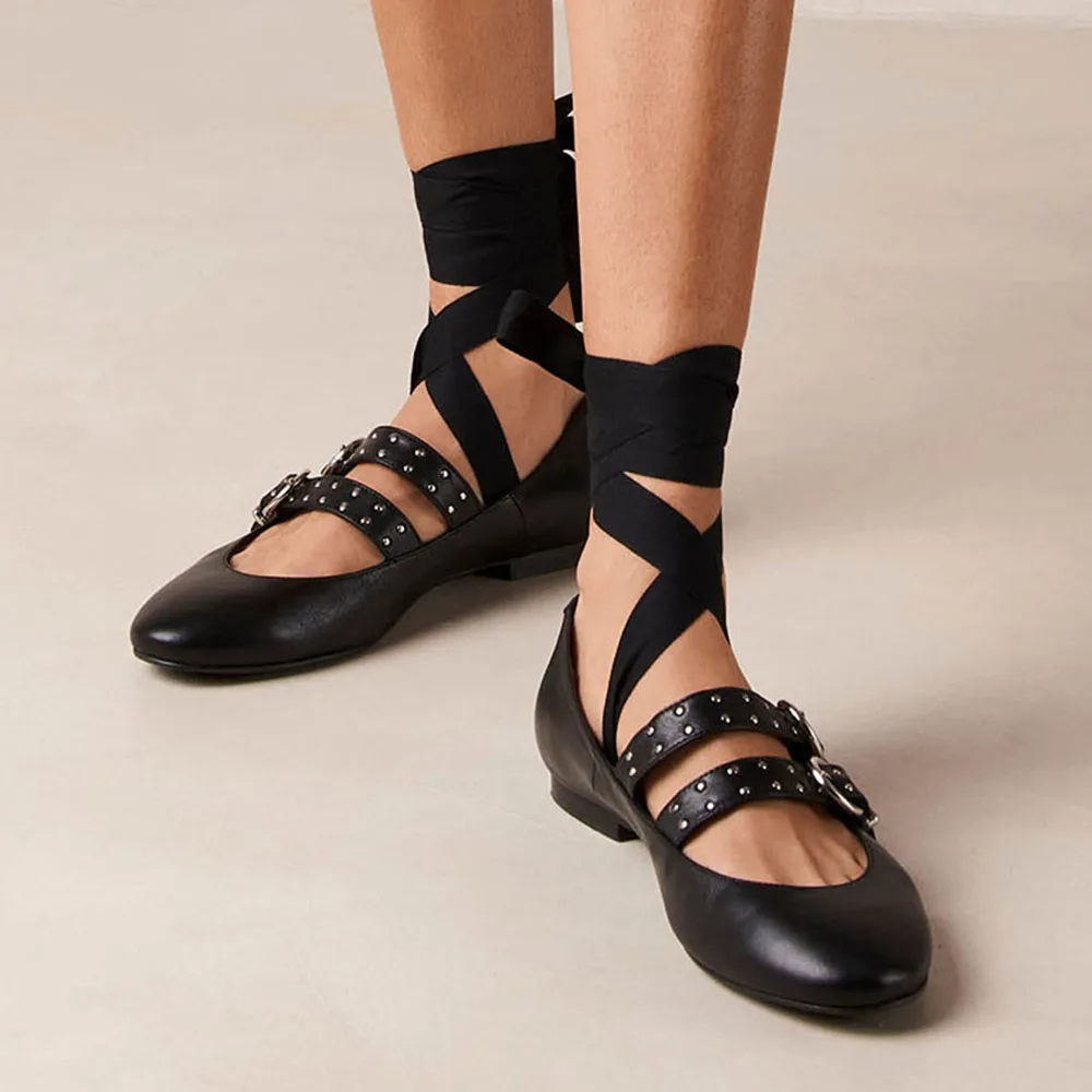 Double Buckle Mary Janes High Top Ballet Shoes Women Flat Sandals With Buckle