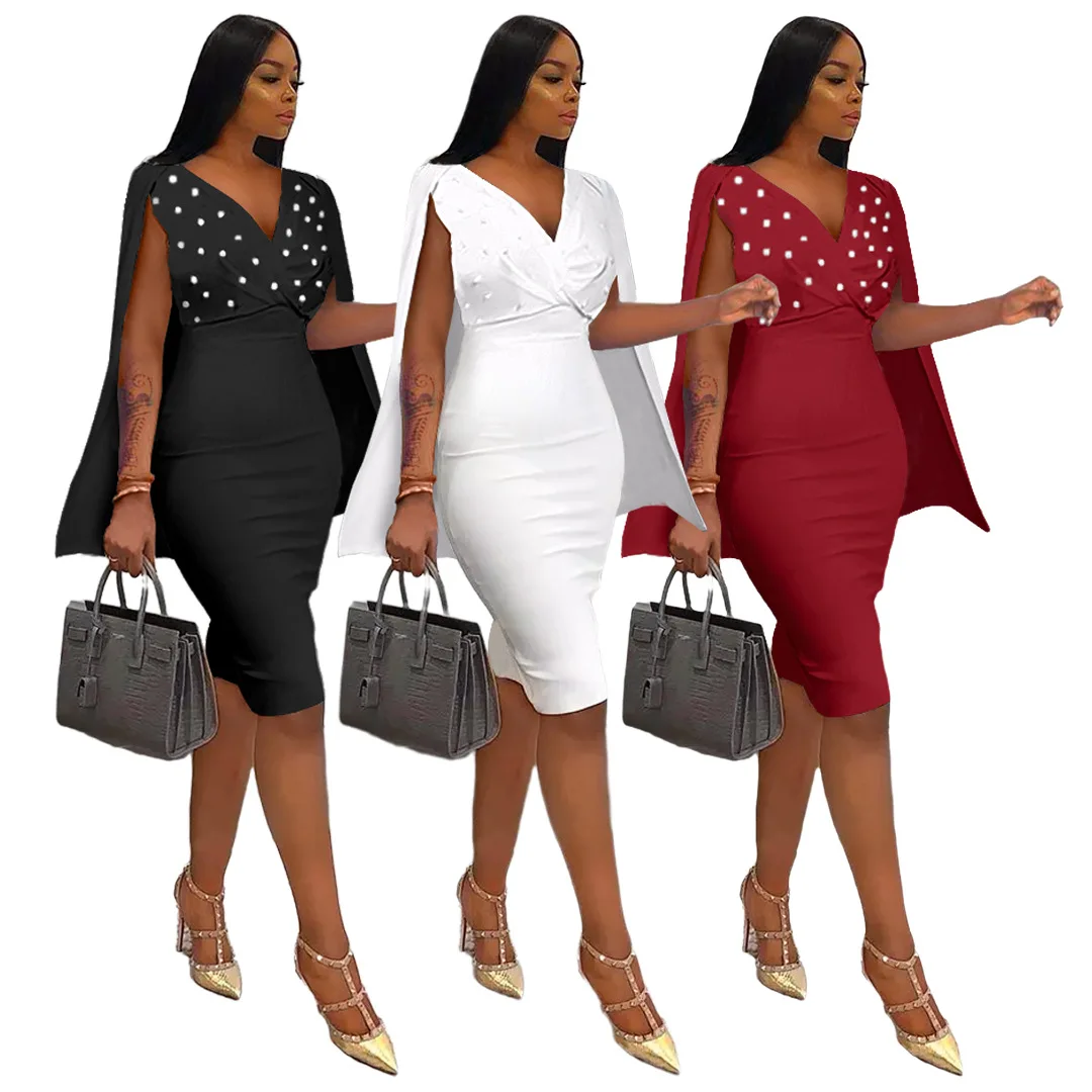 2022 New Arrivals Fashion Women Elegant Deep V-Neck Cloak Sleeveless Solid Color Bubble Beads Pearl Cape Dress