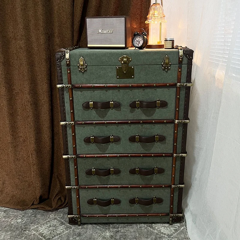 American Retro Style Leather Box High Bucket Cabinet Living Room Middle Ancient Entrance Cabinet Designer Storage Cabinet