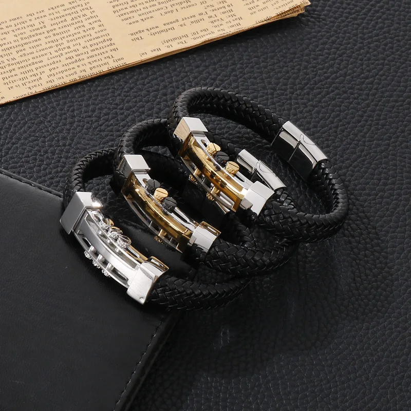 New fashion jewelry stainless steel metal rivet punk style magnet buckle leather bracelet