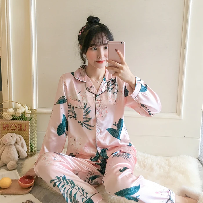 
Pajamas women spring and autumn long-sleeved ice silk two-piece suit thin home service 