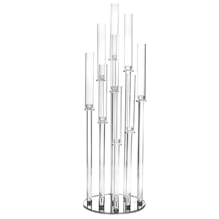 Wholesale glass tube candle holder 10 arms round base cheap crystal candelabra wedding tall centerpieces candlesticks