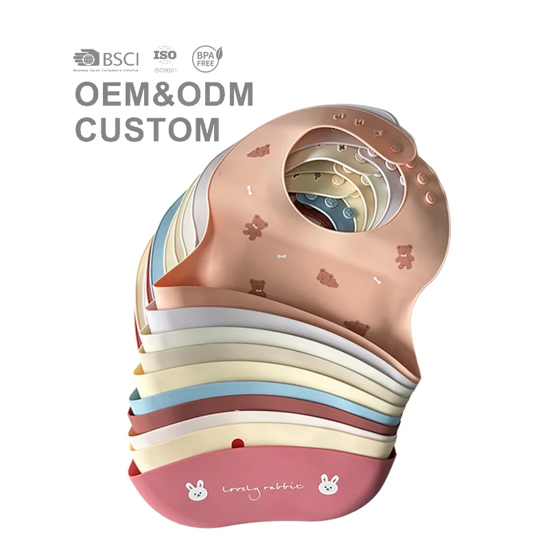OEM baby feeding silicone bibs waterproof soft apron smock baby tableware bibs custom shape color printed bibs