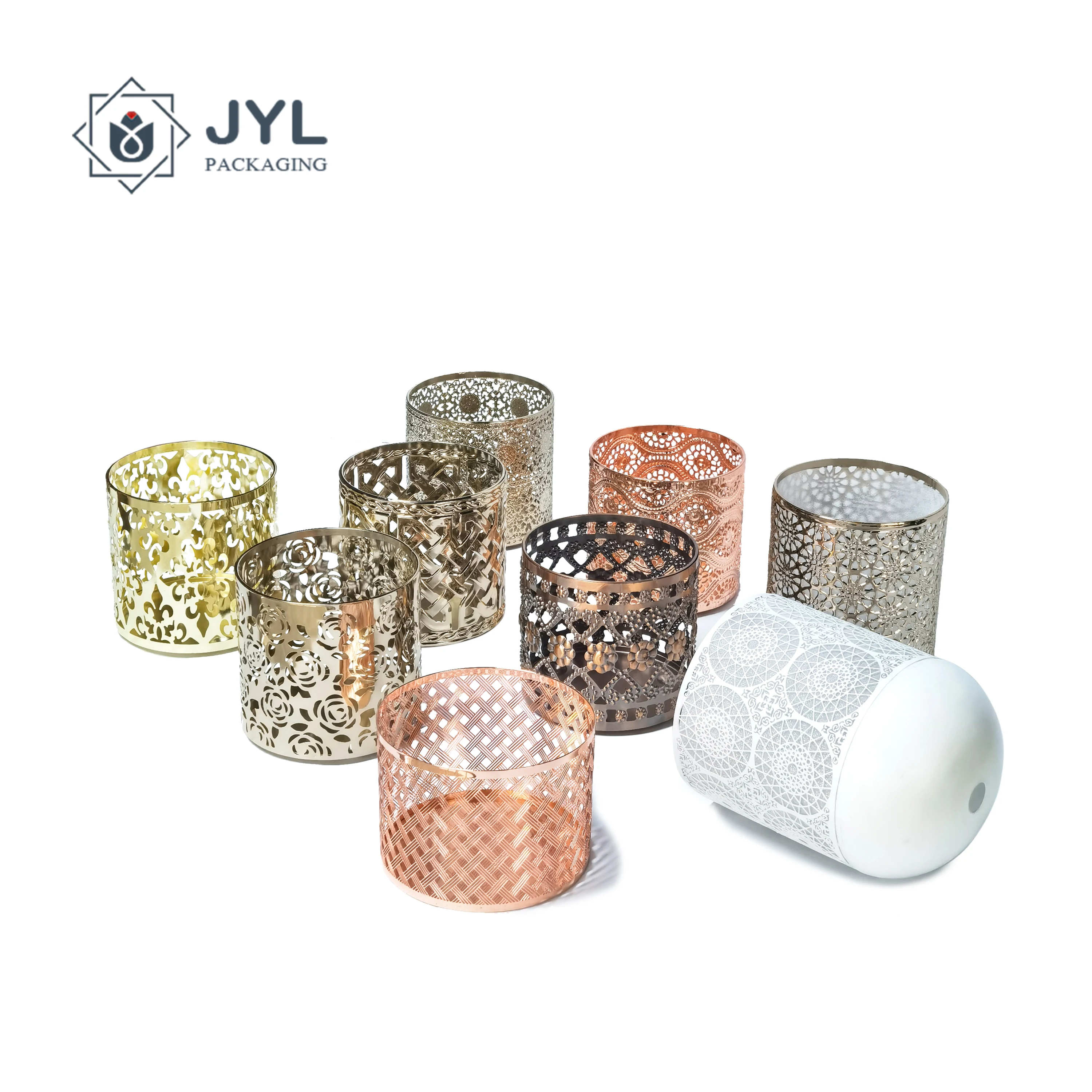 Wholesale luxury custom tealight vintage decorative metallic candles stand vessels container lantern shades metal candle holder