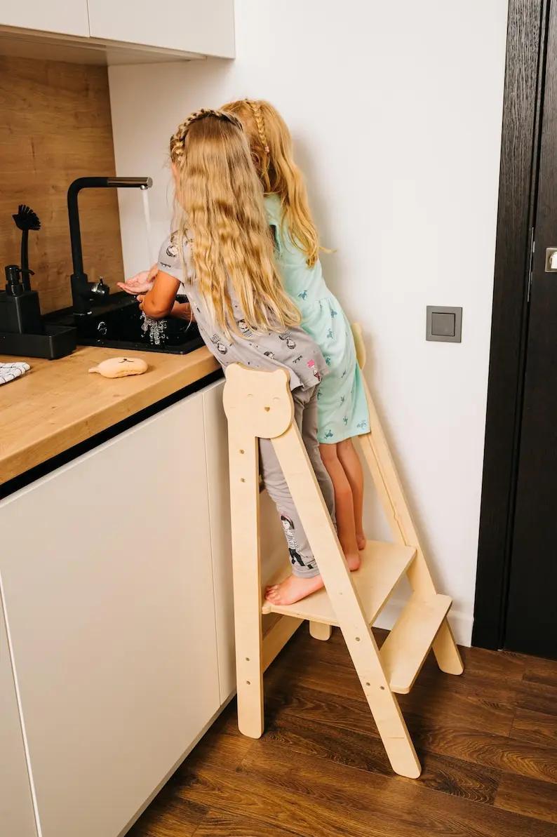 Stand-Up Kitchen Helper Active Tower Montessori Learning Stool for Kids and Toddlers Handmade toddler step stool Adjustable