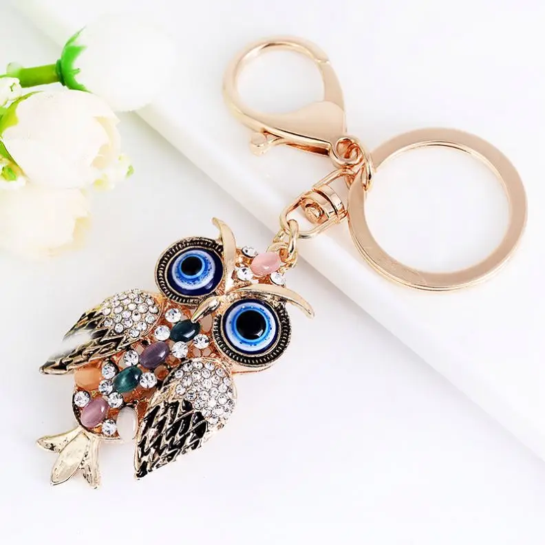 Crystal Rhinestone Vintage Evil Eye Owl Key Ring Blessing Protection Handbags Charm good luck Metal Owl bling bling Key chains