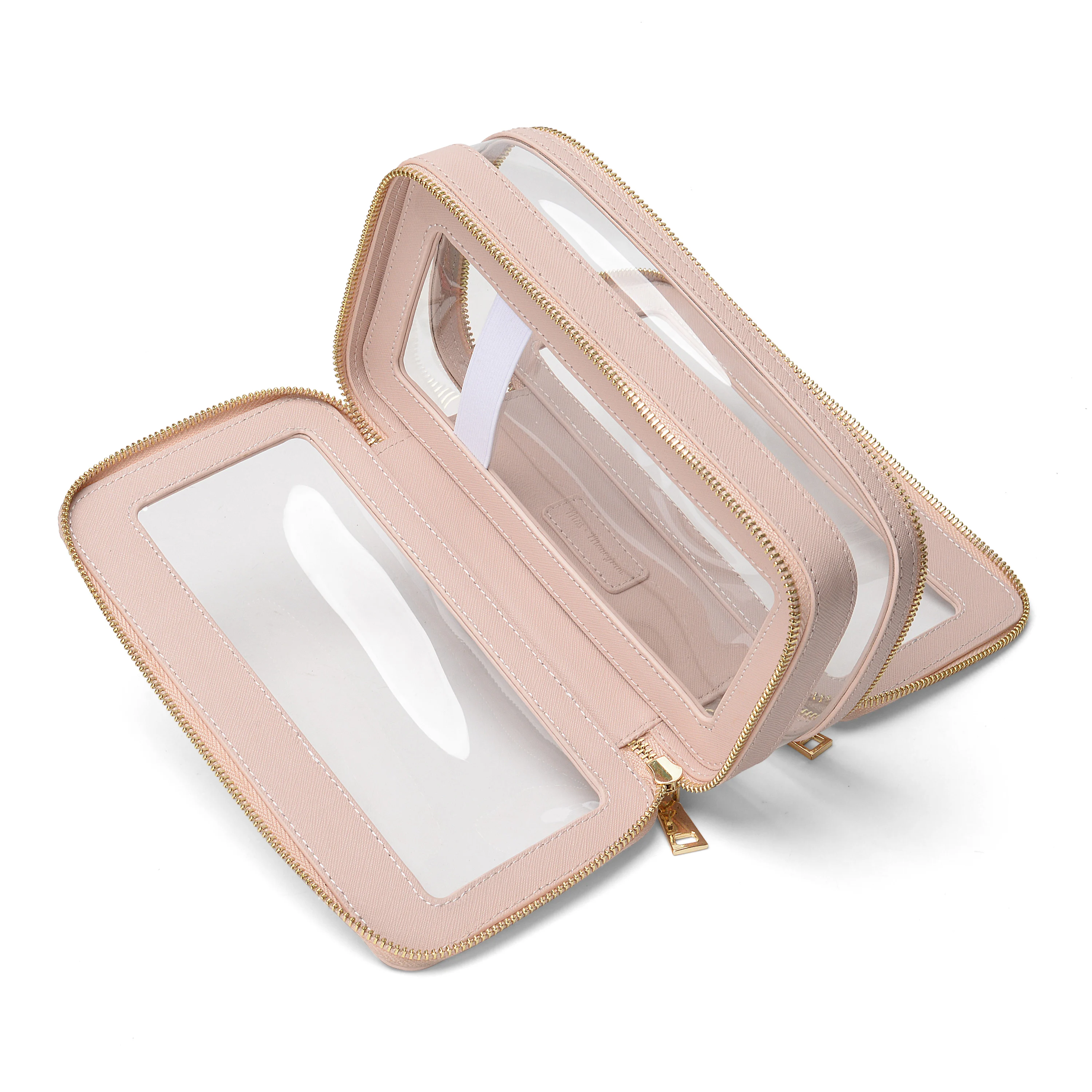 Double layered long bread shape leather makeup bag clear pouch waterproof zipper  bathroom handheld  cosmetic bags & cases