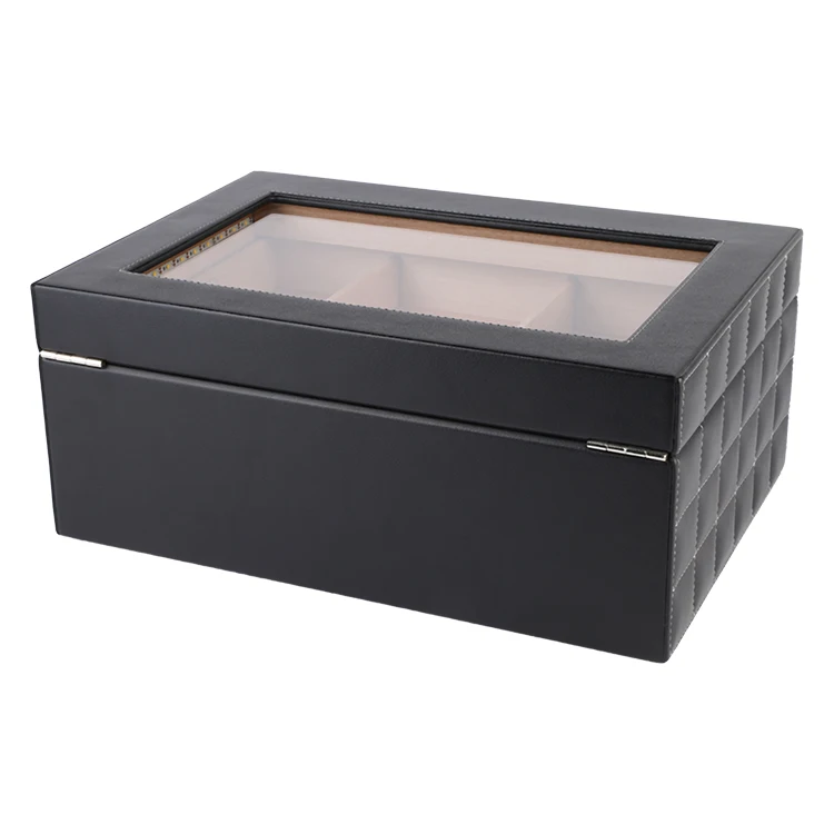 High-End Modern Leather Case Rectangular Black Two Front Hygrometer Electric Humidor Cigar Storage Humidor Box