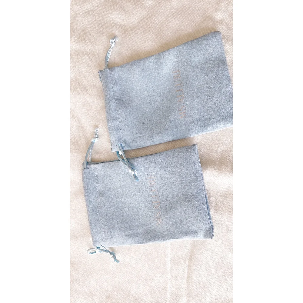 Custom Logo light blue Velvet Suede Jewelry Bag Gift Packaging Drawstring Pouch with silver printing