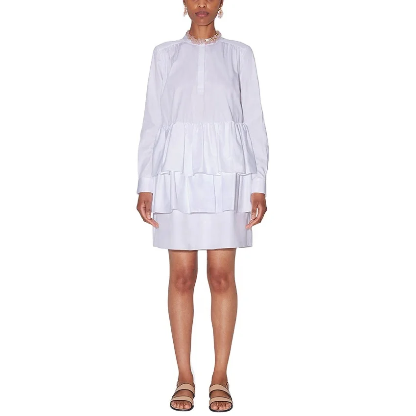 China Wholesale Long Sleeves Solid Customized With Cotton White Layered Dress For Women