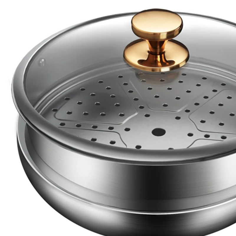 New design Double woks with steamer Multi-purpose stainless steel wok Gilded Lid and Handle Durable household kitchenware