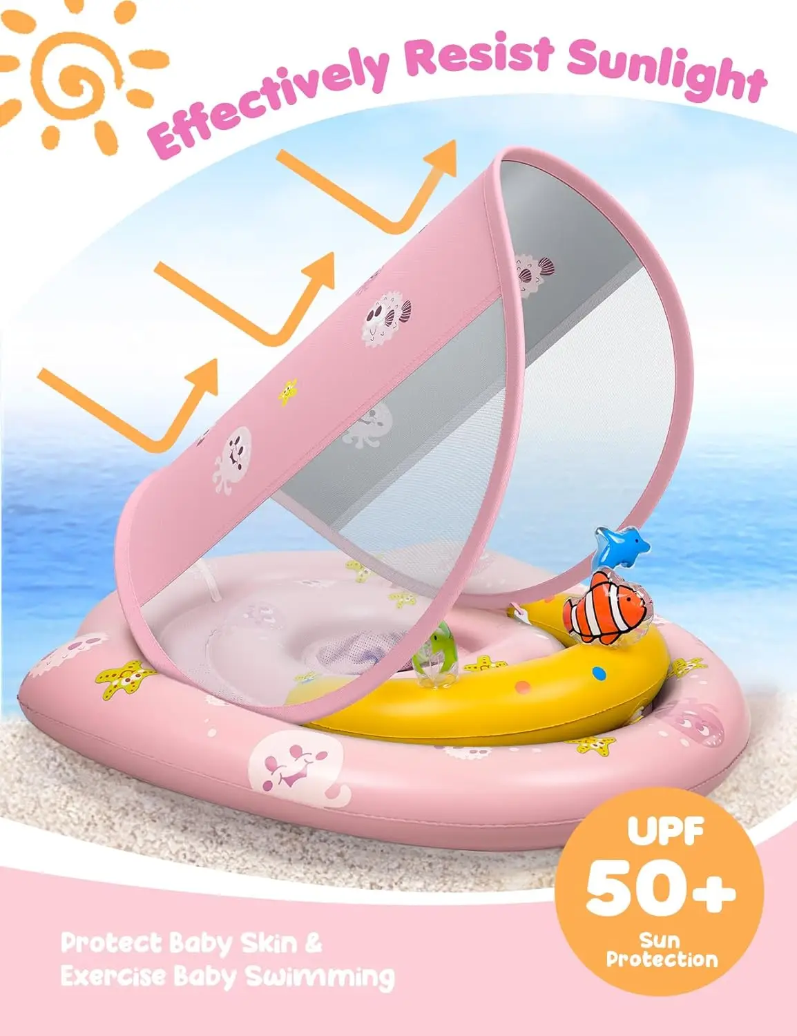 2025 New design upgrade Inflatable baby float with canopy swim trainer Sun shade pink Inflatable Baby Swim Float Seat Boat