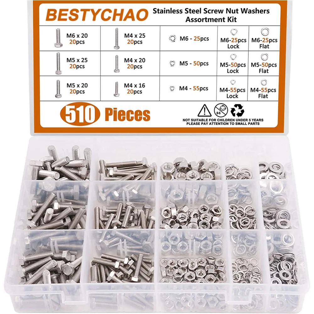 
BESTYCHAO 510pcs Stainless Steel Flat Head Bolts Screws, Nuts, Flat and Lock Washers Assortment Kit 