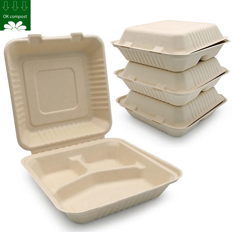 Custom Biodegradable Compostable Sugarcane Bagasse Box 3 Division Compostable Food Containers Clamshell Disposable For Hot Food