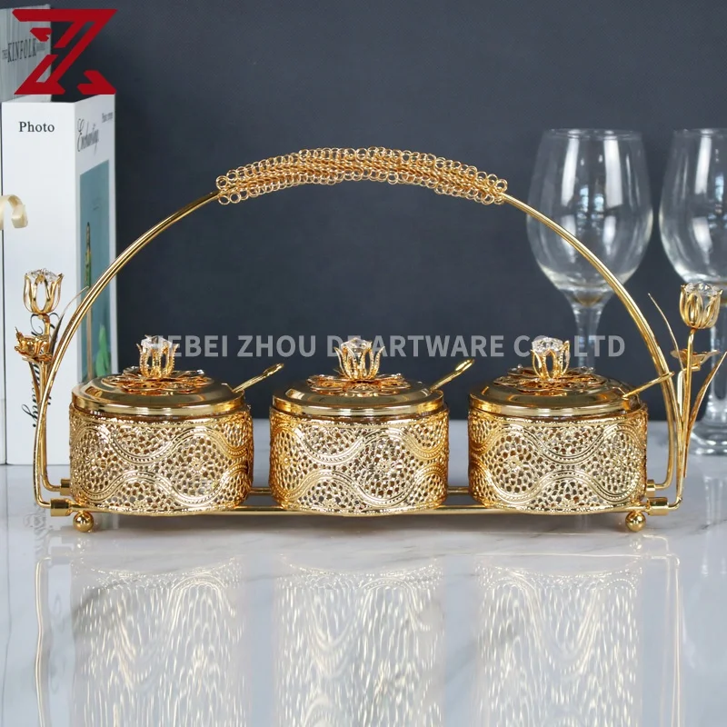 Wholesale Metal Foot Gold Round Sugar Pot With Handle Lid Spoon Sugar Jar Bowl For Home Hotel Decorative