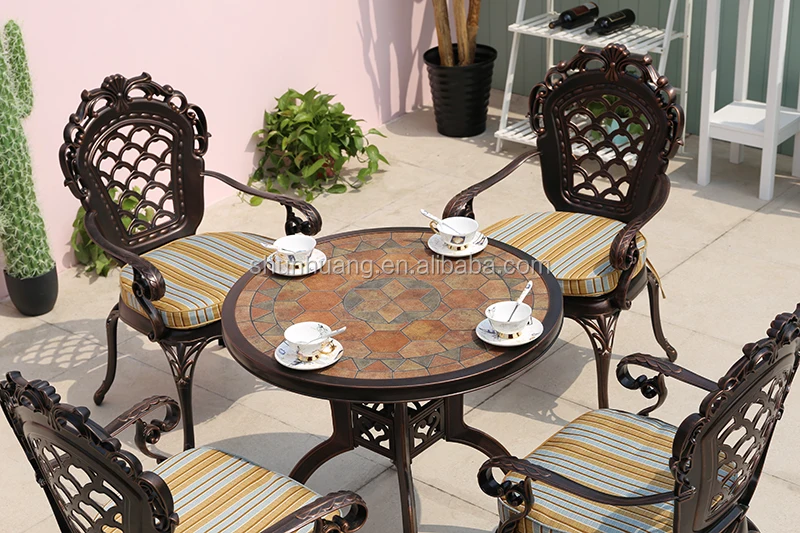 
Luxury cast aluminum garden set cast aluminum furniture livingroom dining set metal frame with marble table 