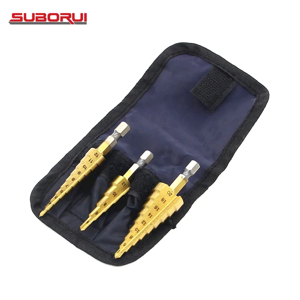 SUBORUI 4241 3 шт. HSS шестигранный хвостовик сталь титановые ступенчатое сверло 3-12 мм 4-12 мм 4-20 мм набор сверл по дереву металл