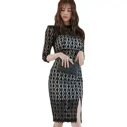 2022 spring and summer new slim sexy black lace split professional dress