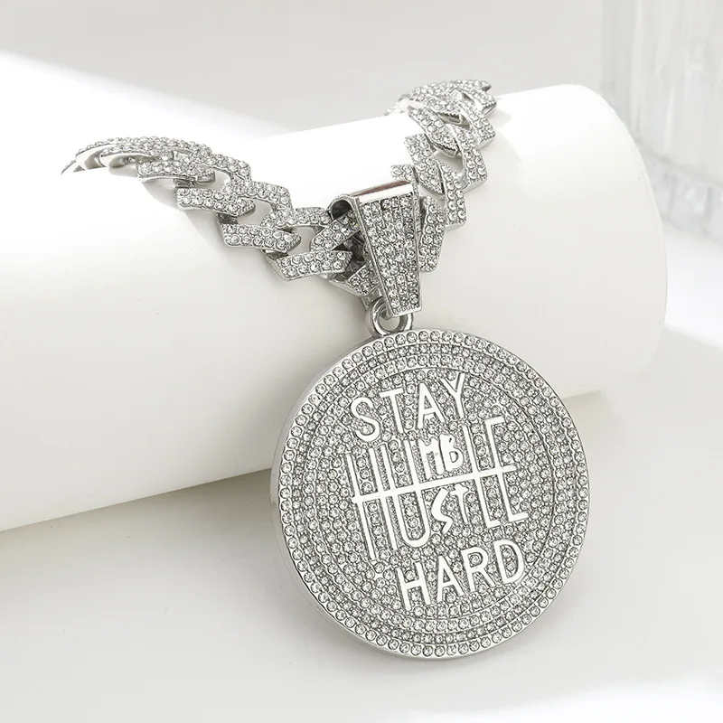 Large hang  street circular hip-hop exaggerated Cuban chain Explosive versatile personalized full diamond alloy  necklace