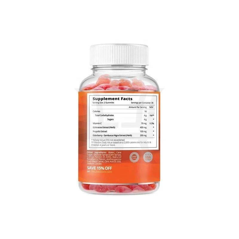 Raspberry Flavor Vitamin C Elderberry Gummies With Propolis & Echinacea Extract Supports Immune Function & Provide Great Taste