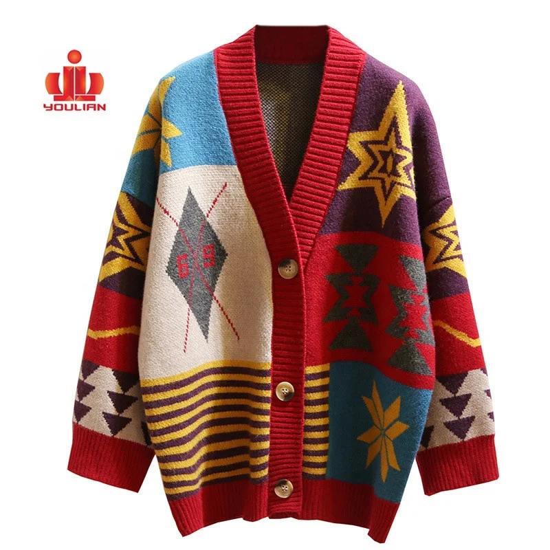 Custom V neck fashion wool cashmere floral female women long cable knitted ladies cardigan aztec sweater