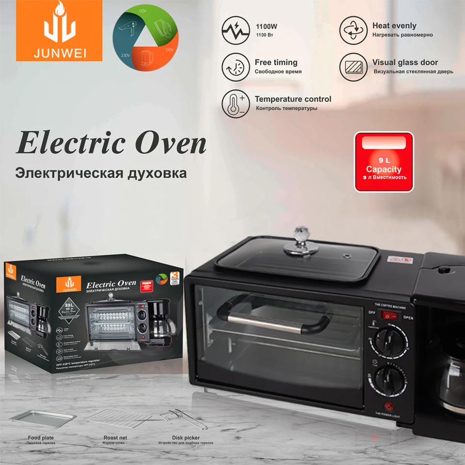 junwei 3 in 1 breakfast maker machine small electric oven manufacturer mini multifunctional 9l Manual Toaster Ovens