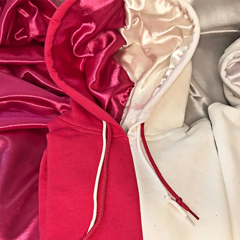 Top quality customized embroidery hoodie satin lined hood Kangaroo Pocket Fleece Pull Over split satin lined hoodie sets