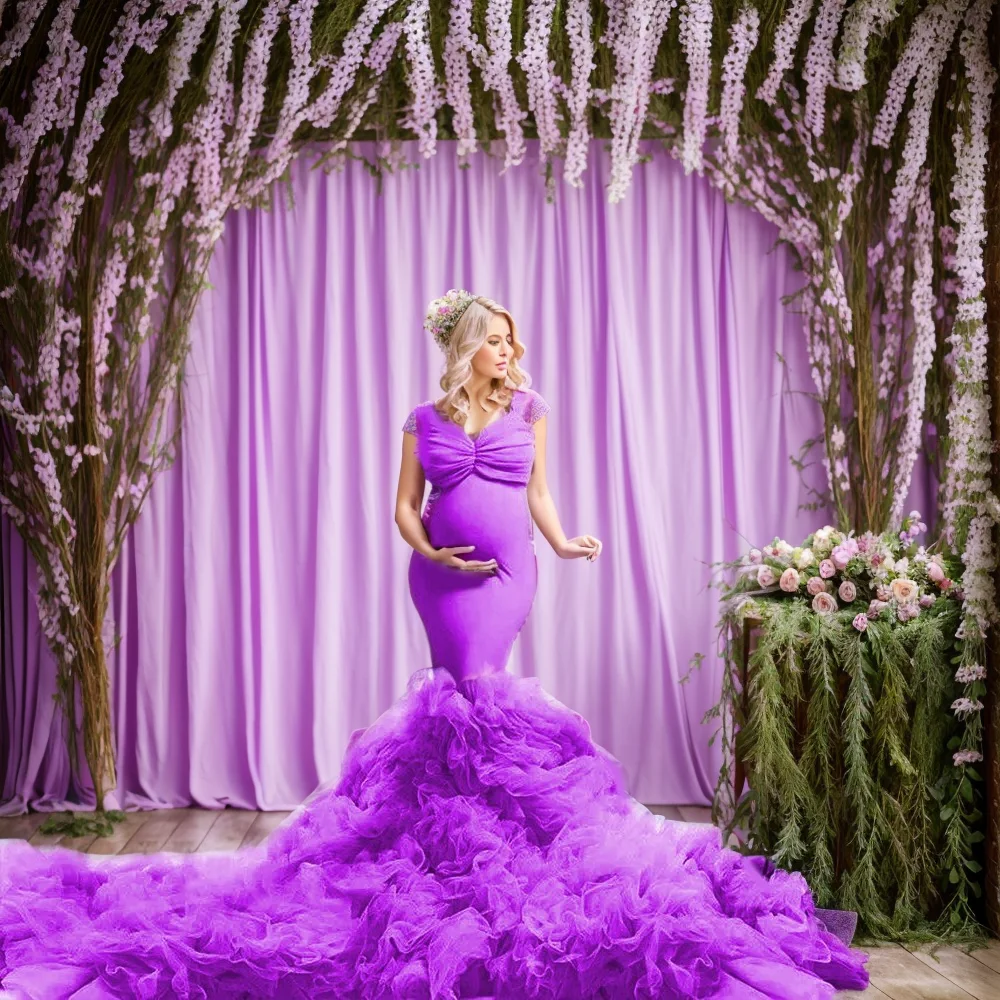 2024 new arrival High Quality Plus Size Tulle Maternity Dress Detachable Sleeves Strapless Long Ruched Train Photographic pregna