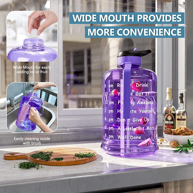BPA Free 128oz 2.2L Strap-Easy to Carry Motivated Time Marker Hard Plastic Water Drinking Bottles With Straw
