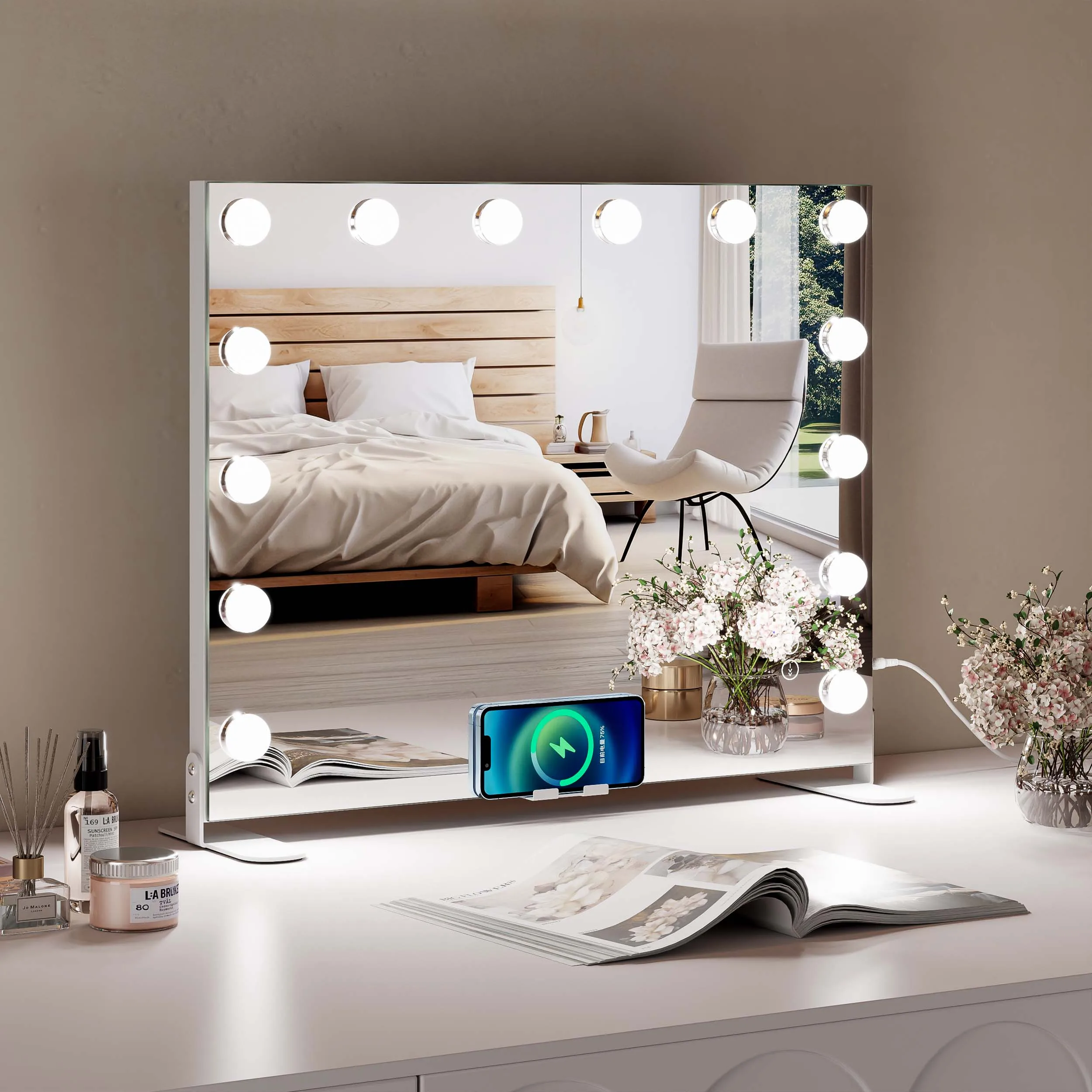 Illuminated Supplier Wall Mounted Wireless Charging Bluetooth Speakers Lights Vanity With Hollywood Led Makeup Mirror