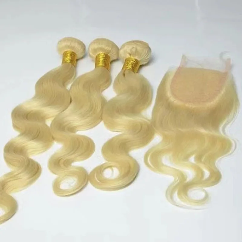 Wholesale Brazilian 10A Grade Straight Body wave Mink Raw Virgin 613 Human Blonde Hair Bundles With Closure Vendor